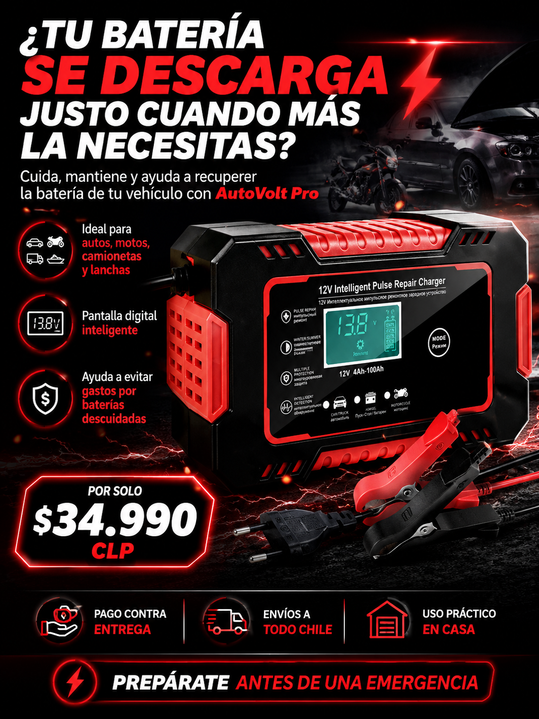 AutoVolt Pro - Cargador y reparador de baterías 12V