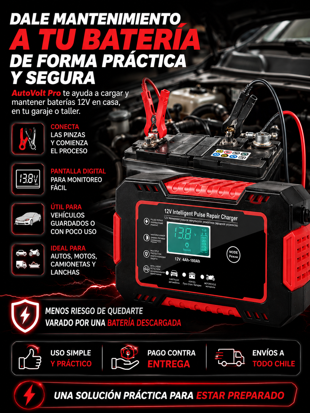 AutoVolt Pro - Cargador y reparador de baterías 12V