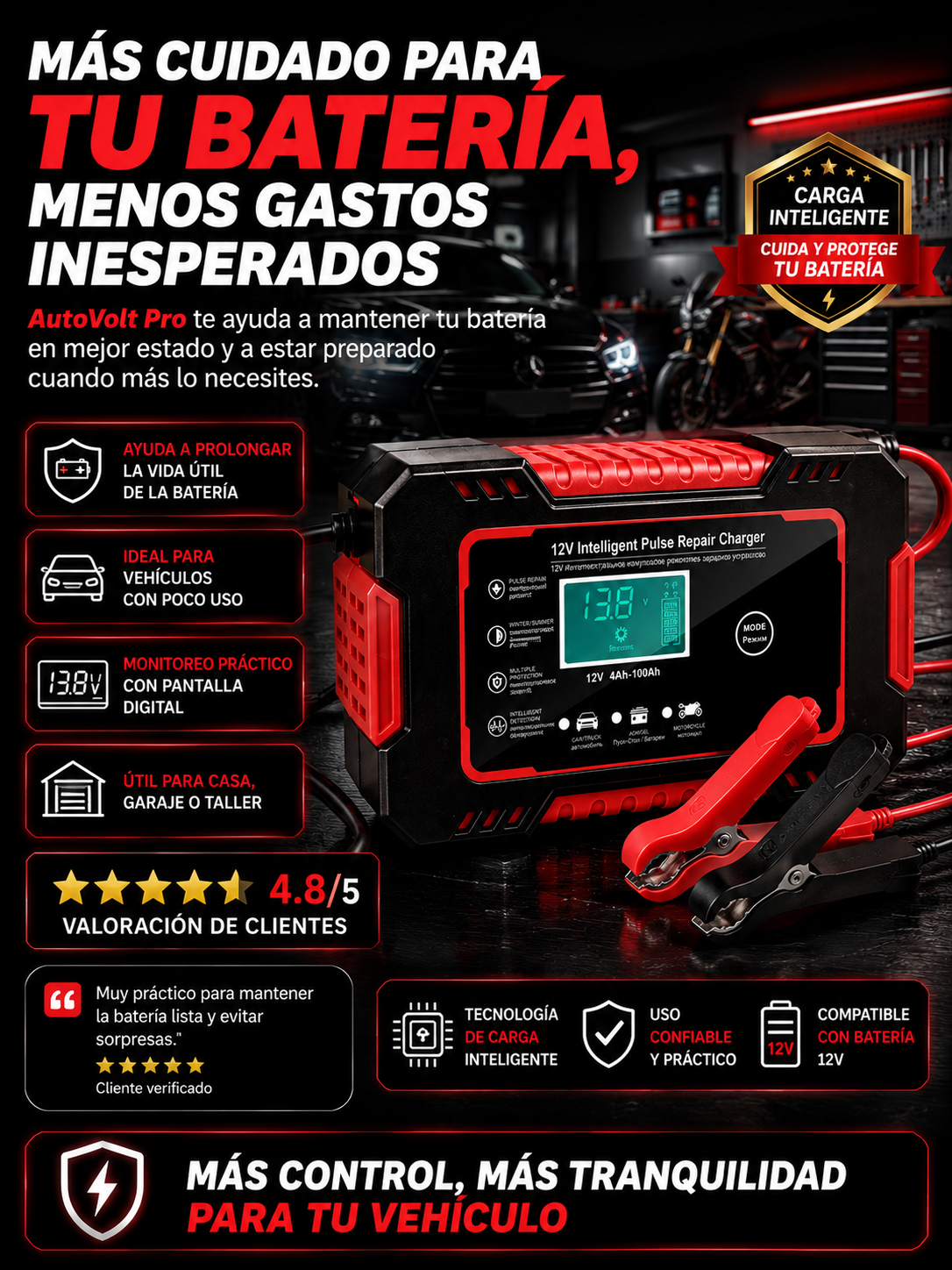 AutoVolt Pro - Cargador y reparador de baterías 12V